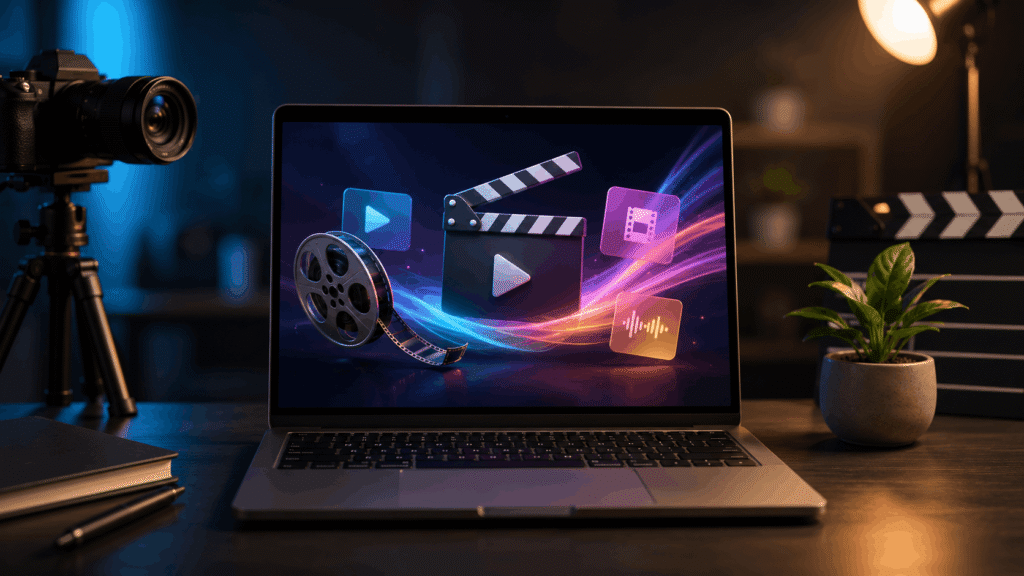 Minimal creator workspace featuring a laptop with an AI video creation interface alongside a camera and filmmaking accessories, representing AI video generator tools.