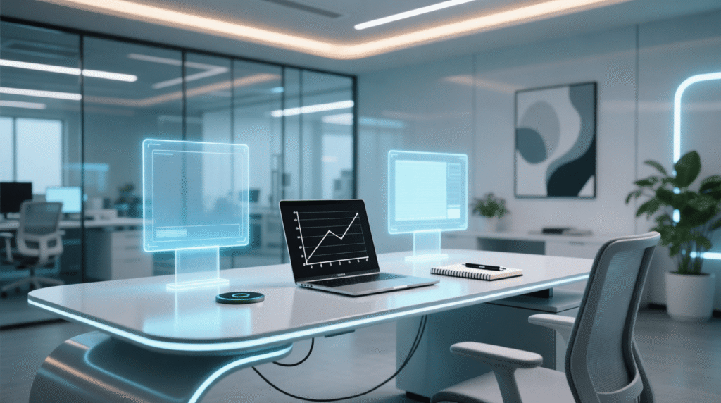 Best AI productivity tools for students and professionals shown in a modern futuristic workspace