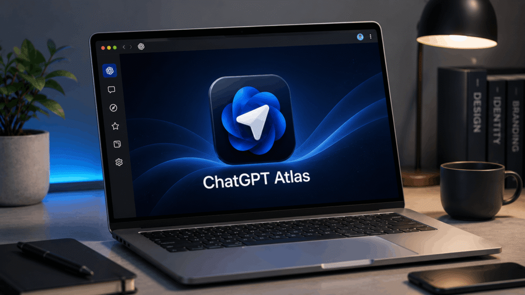 Modern laptop displaying the ChatGPT Atlas browser interface with the official Atlas logo in a clean, minimalist workspace featuring subtle blue ambient lighting.