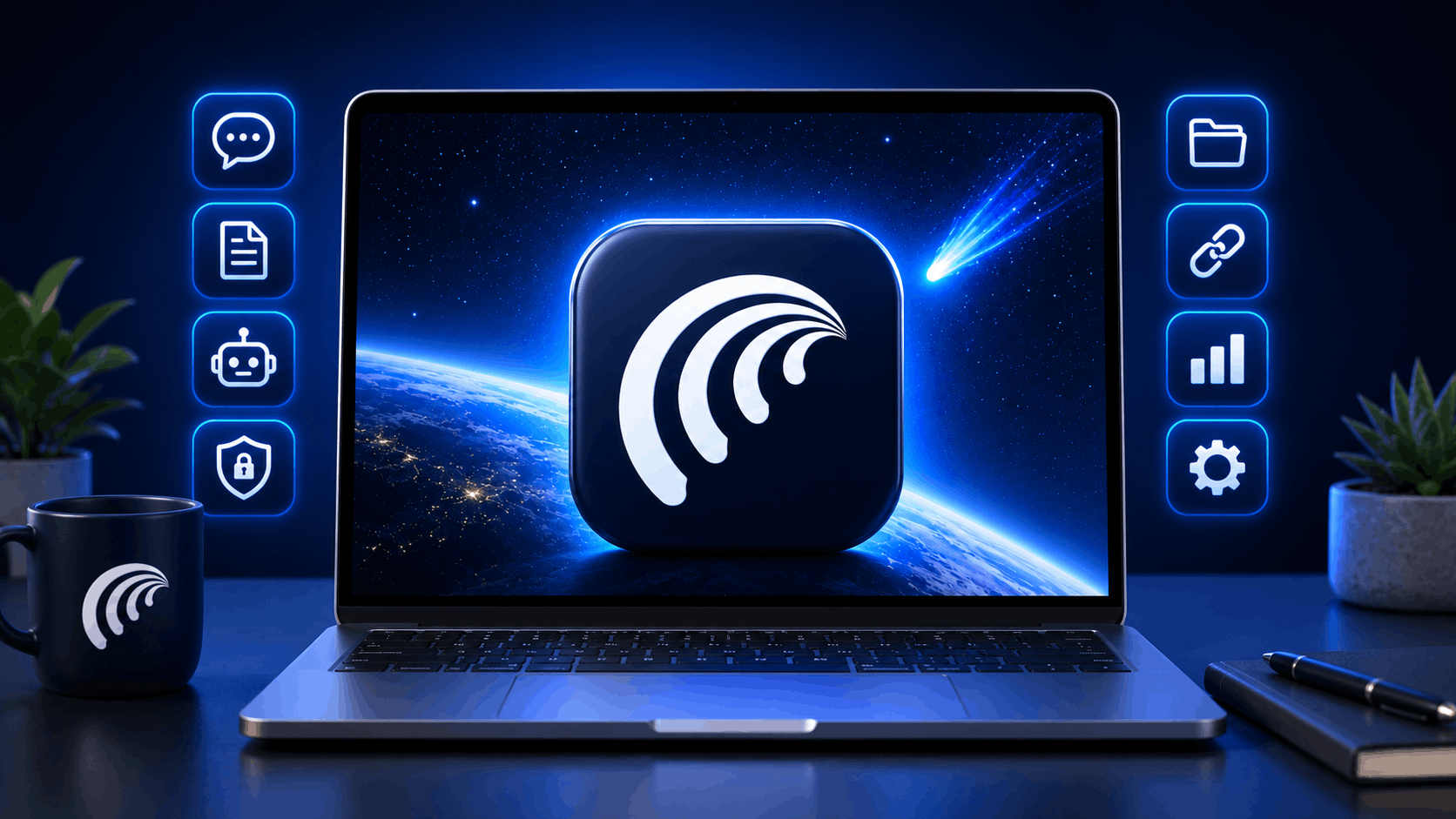 Minimal 3D illustration of the Perplexity Comet browser displayed on a modern laptop with floating AI feature icons representing chat, search, automation, privacy, and workspace tools.