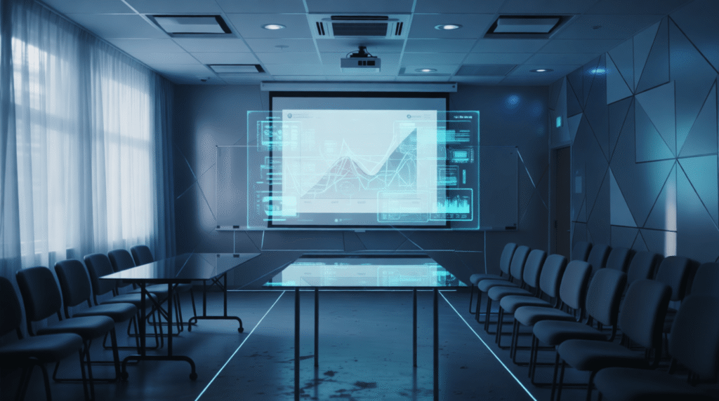 Best AI tools for PowerPoint visualised in a modern presentation room with a data graph