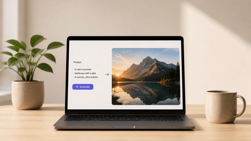 Minimal workspace with a laptop displaying an AI image generator interface, showing how text prompts create high-quality images for content creation.