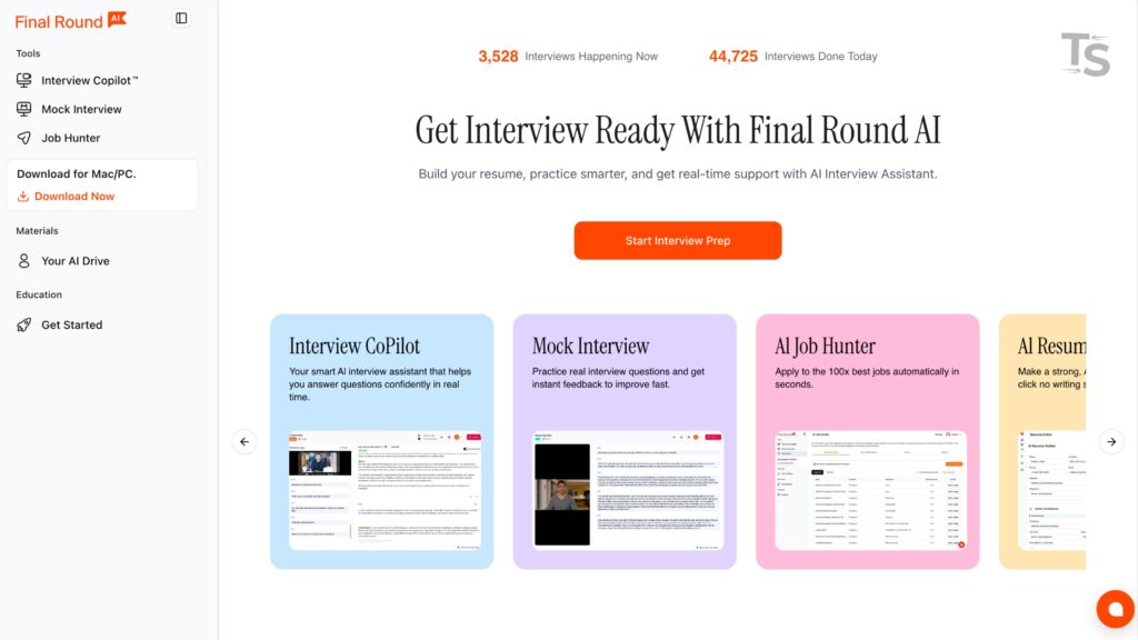 Final Round AI homepage with mock interview and interview preparation tools