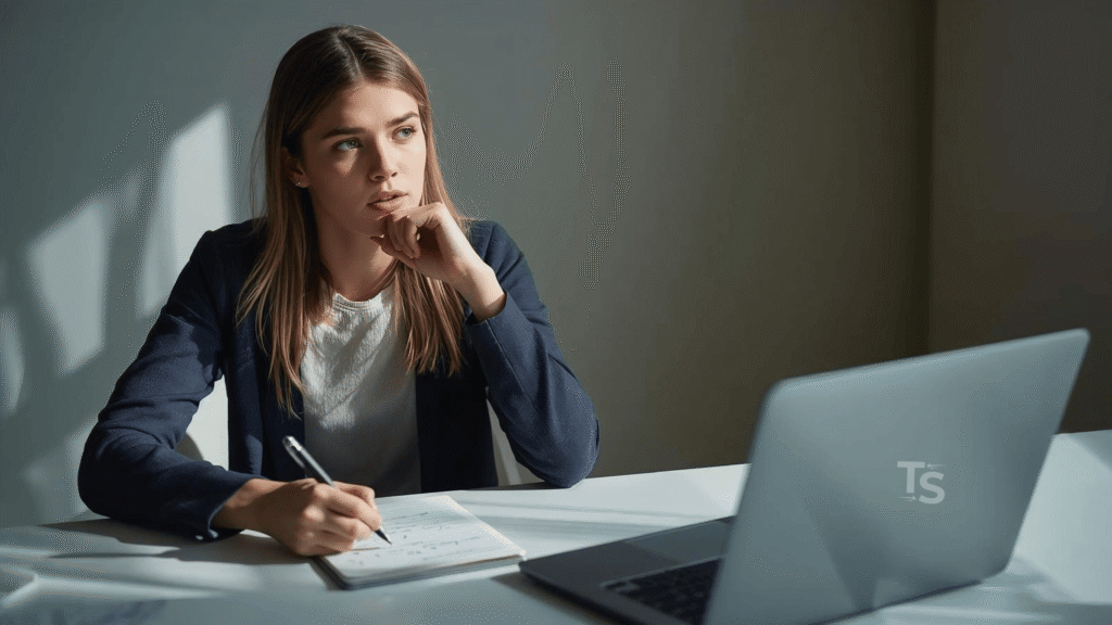 Girl using AI for interview preparation with laptop and notebook