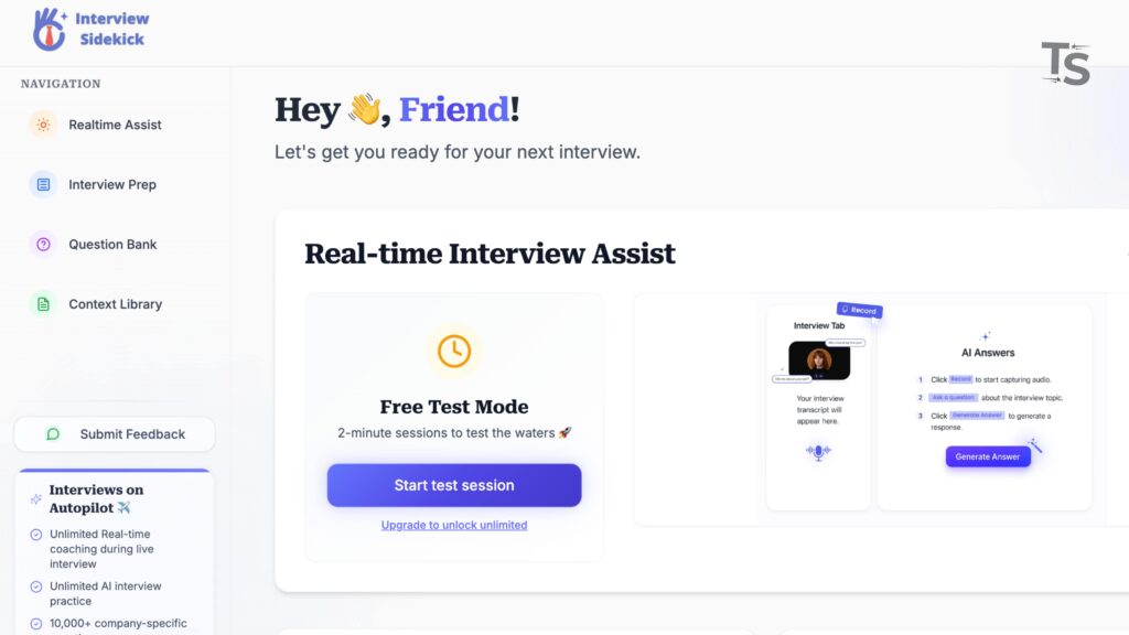 Interview Sidekick interface showing AI-assisted interview preparation and answer structuring support