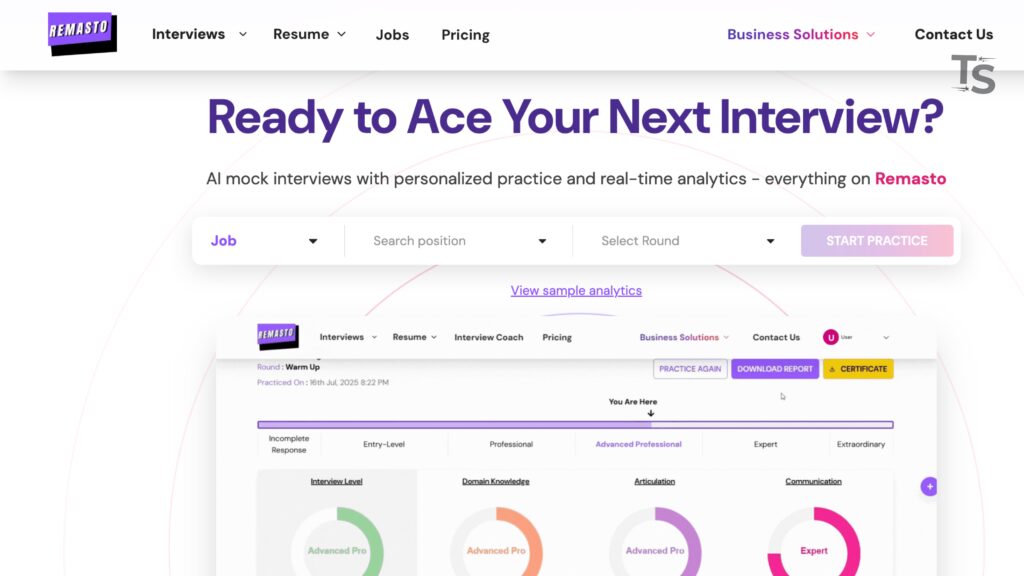 Remasto platform showing technical interview preparation and problem-solving practice