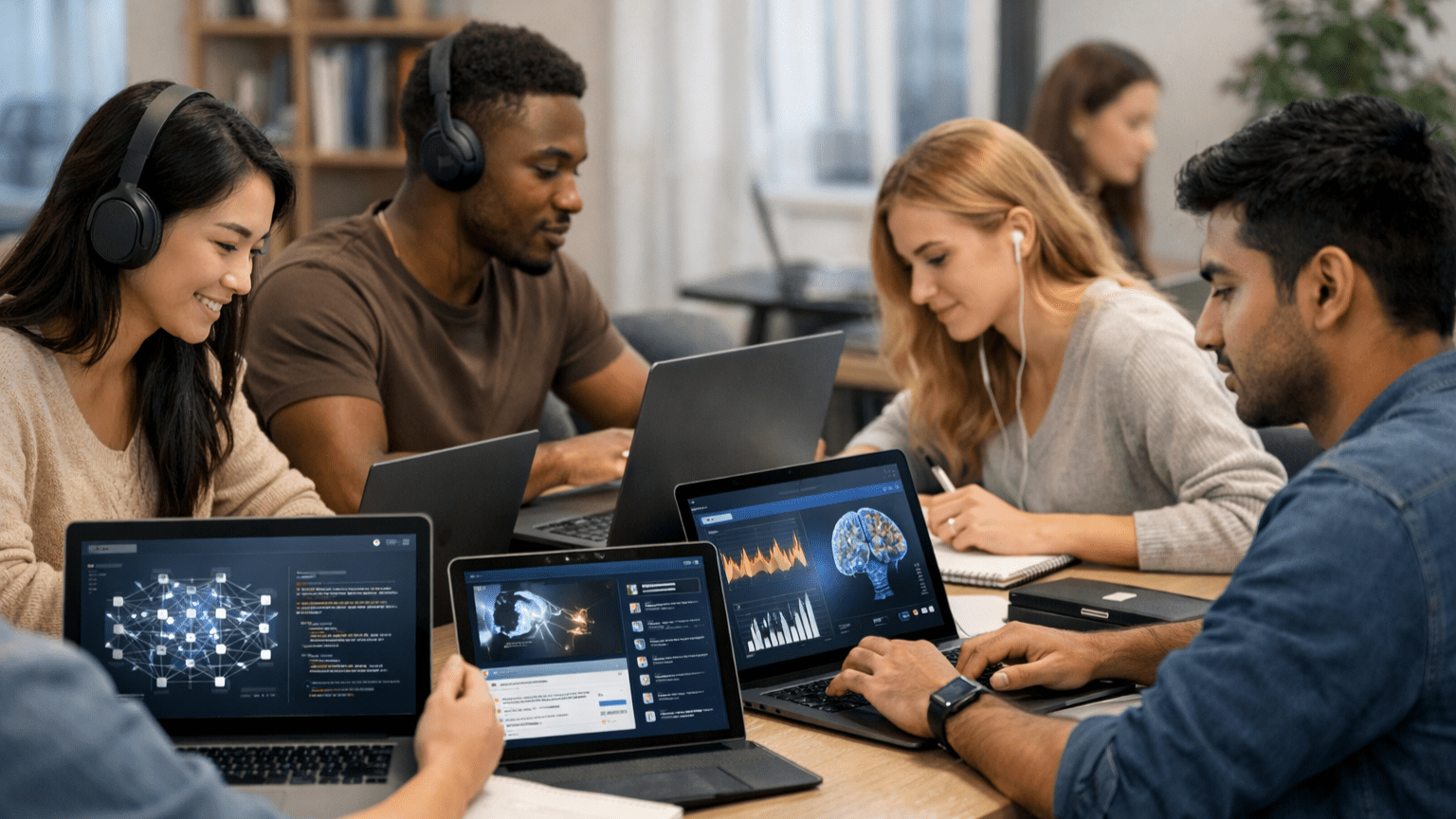 Students studying artificial intelligence through online courses with laptops showing AI dashboards and coding visuals