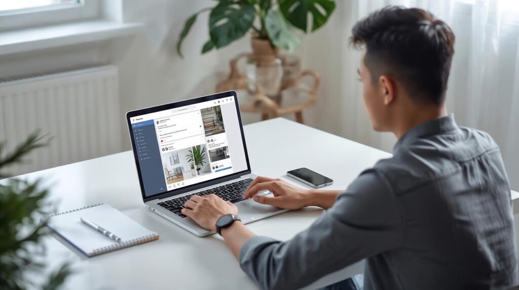 AI social media post generator tool used on a laptop for creating social media posts