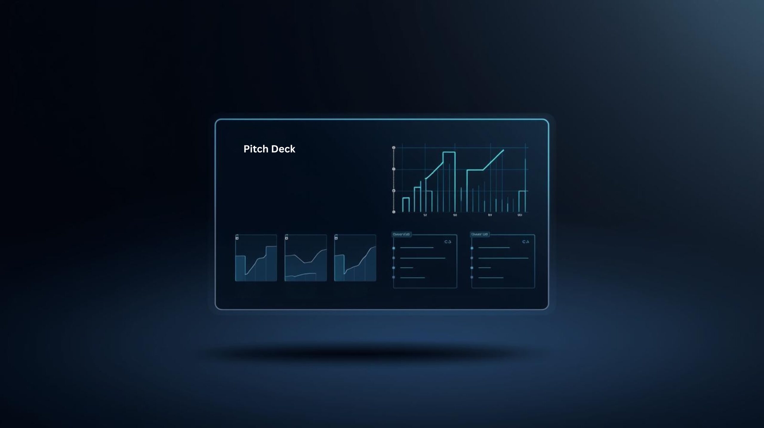 AI pitch deck generator interface showing a clear dark-mode pitch deck layout with slides and charts