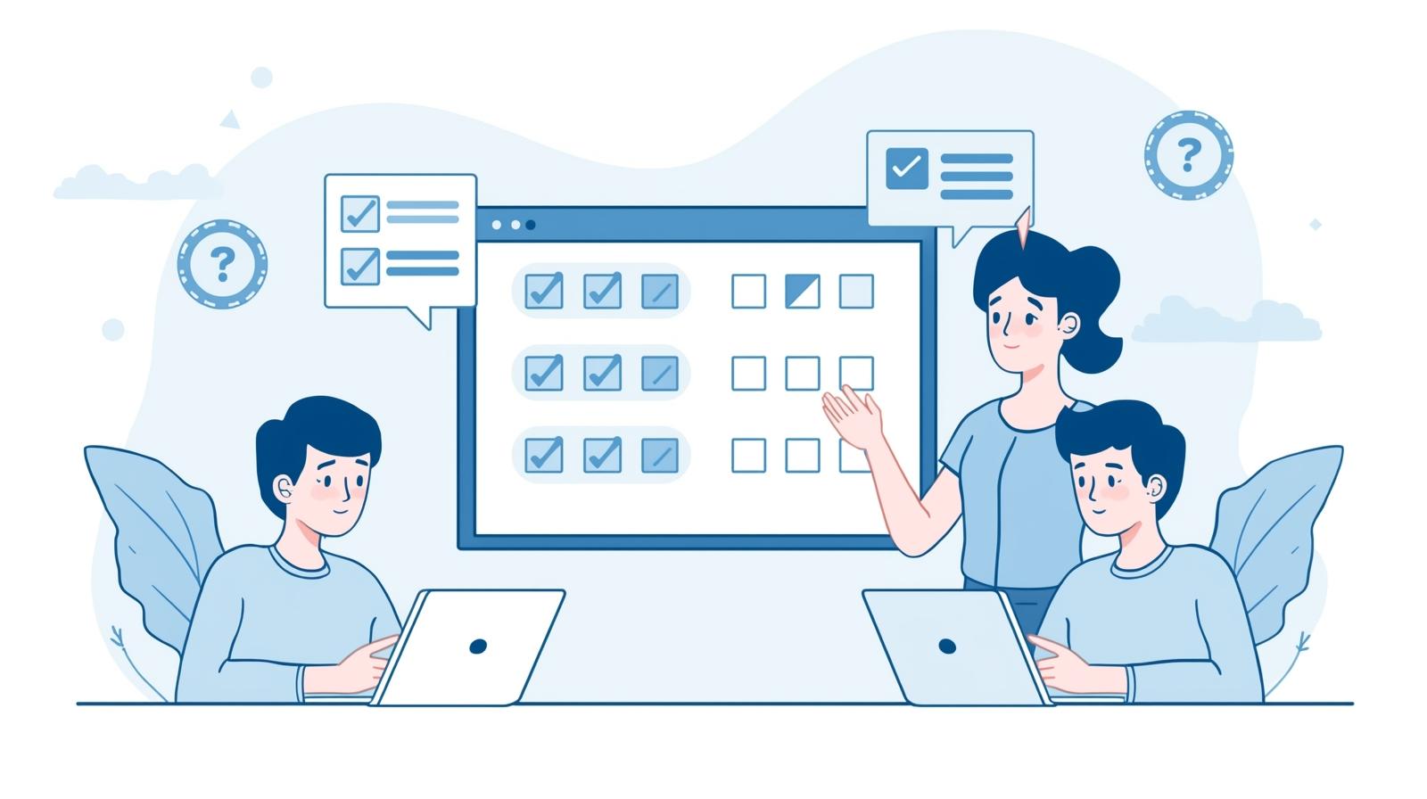 AI quiz generator illustration showing teachers and students creating quizzes using artificial intelligence in a modern digital classroom