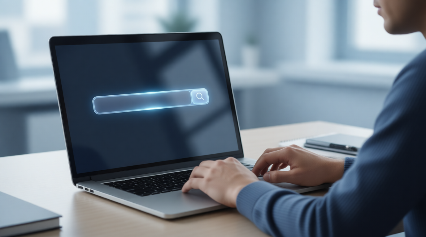 Person using an AI search engine on a smartphone in a modern, natural workspace