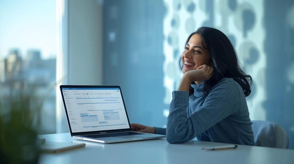 Smiling professional viewing a task management schedule on a laptop in a calm blue toned workspace