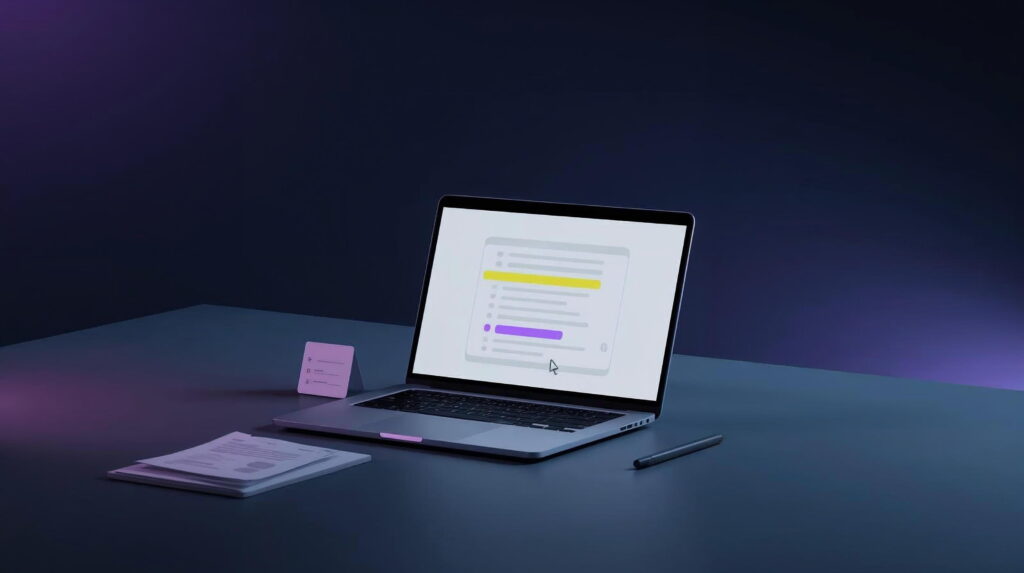 AI PDF Summarizer - Modern laptop with PDF document and highlighted key points with summary layout on dark background