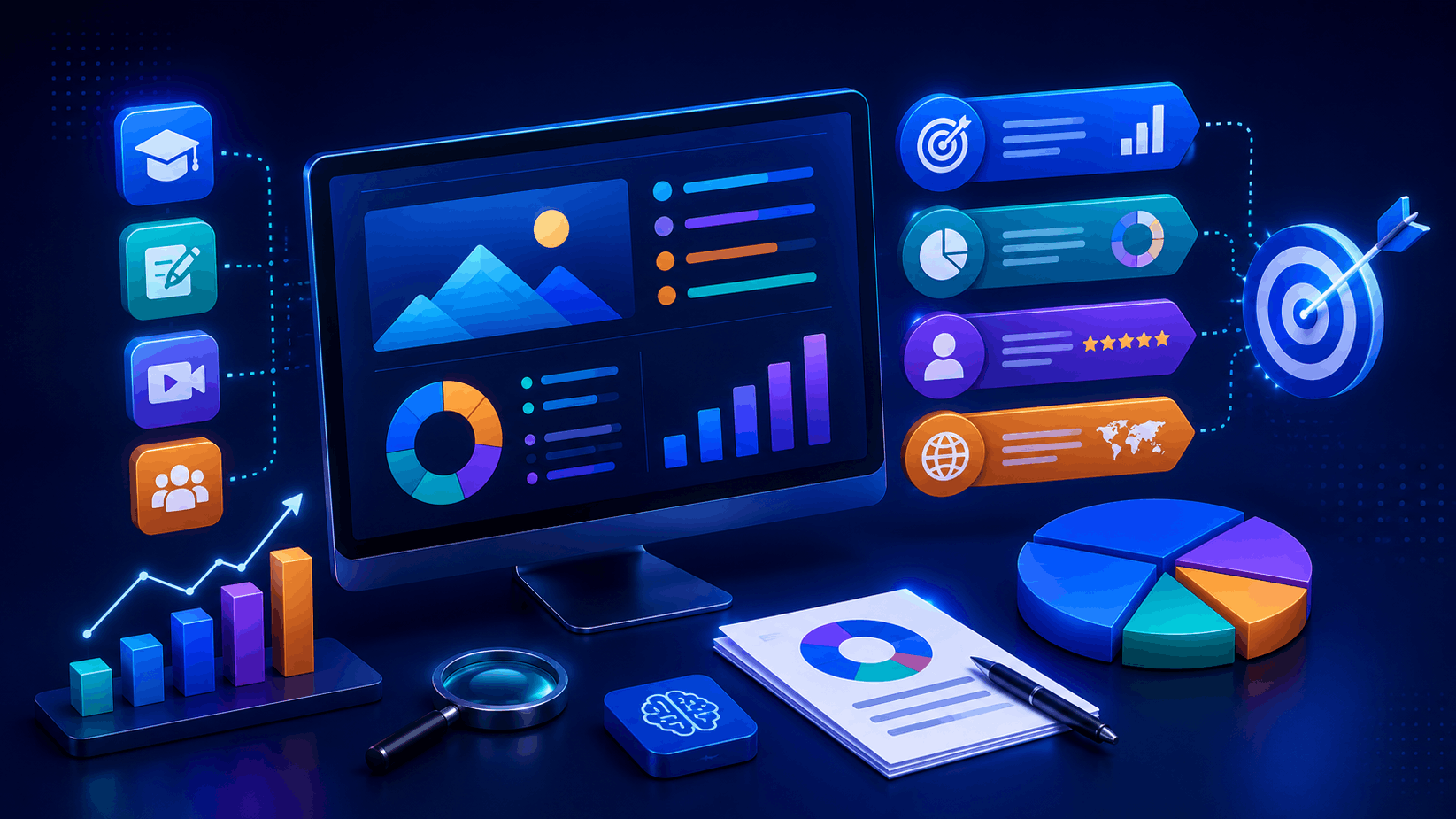 AI infographic dashboard with charts and 3D data visuals