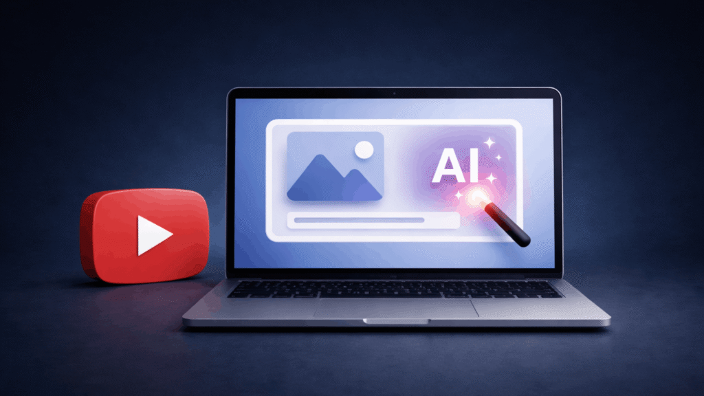 AI thumbnail design tool concept with laptop and YouTube play button on dark background