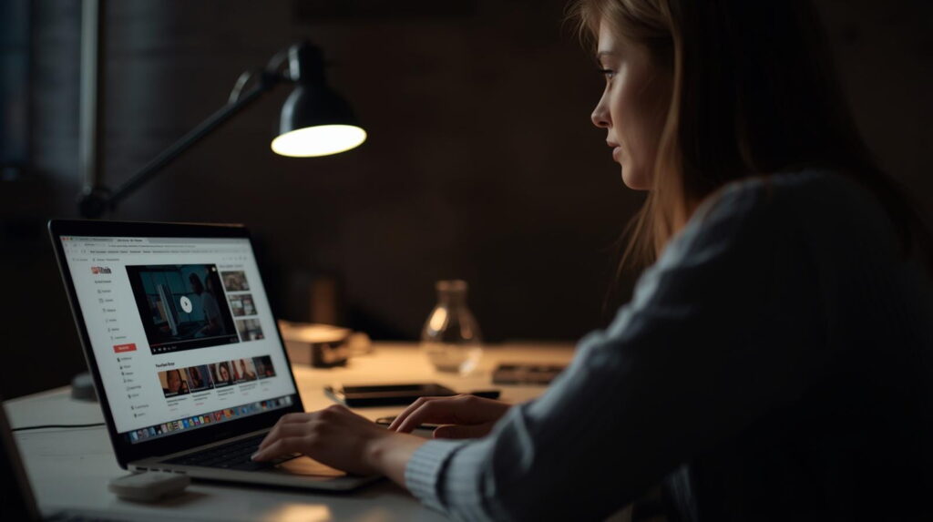 AI tools for YouTube creators shown on a laptop screen with a woman watching YouTube in a clean workspace