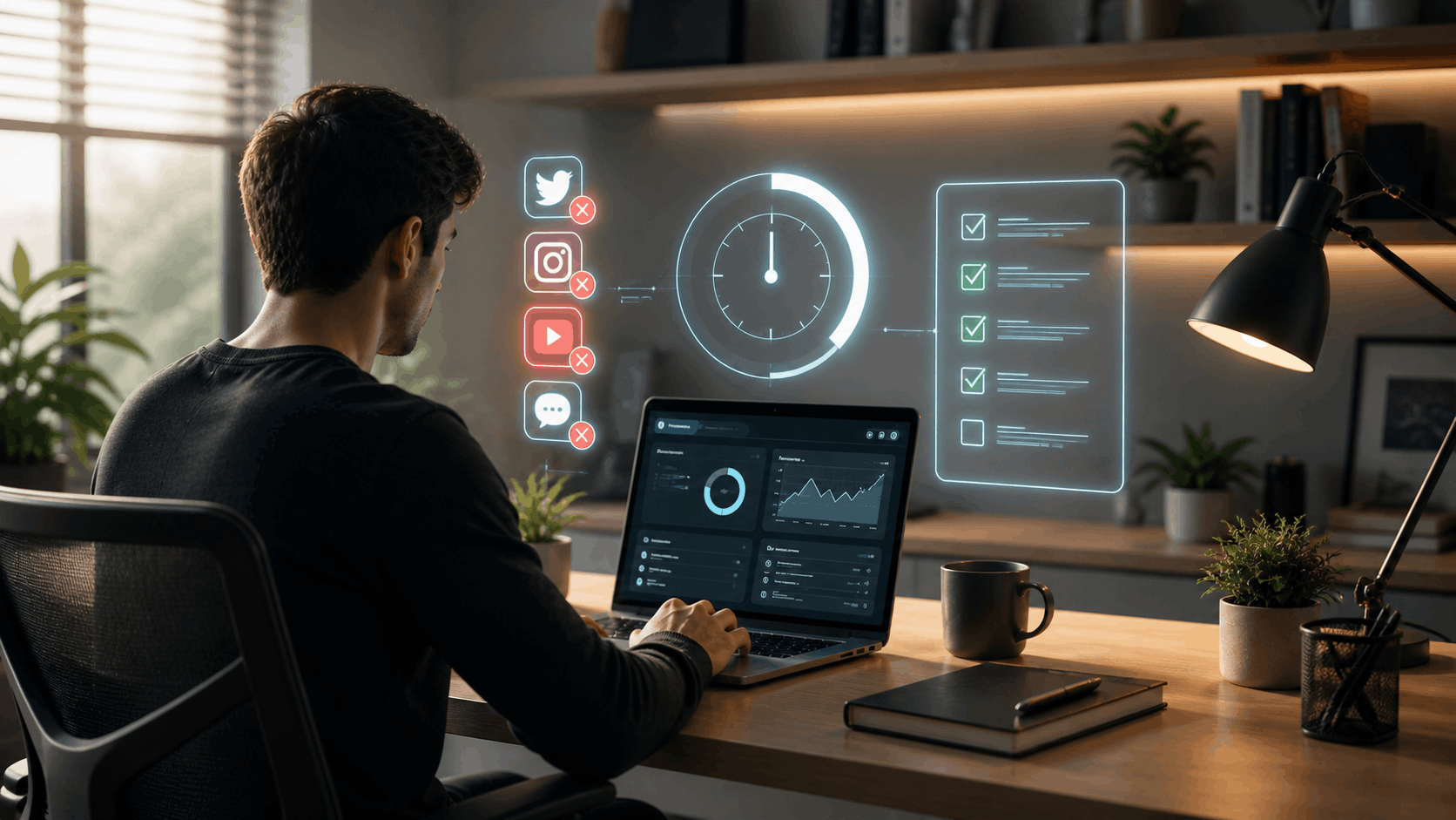 Person using apps to stay focused on a laptop, with blocked distractions and a focus timer in a clean workspace