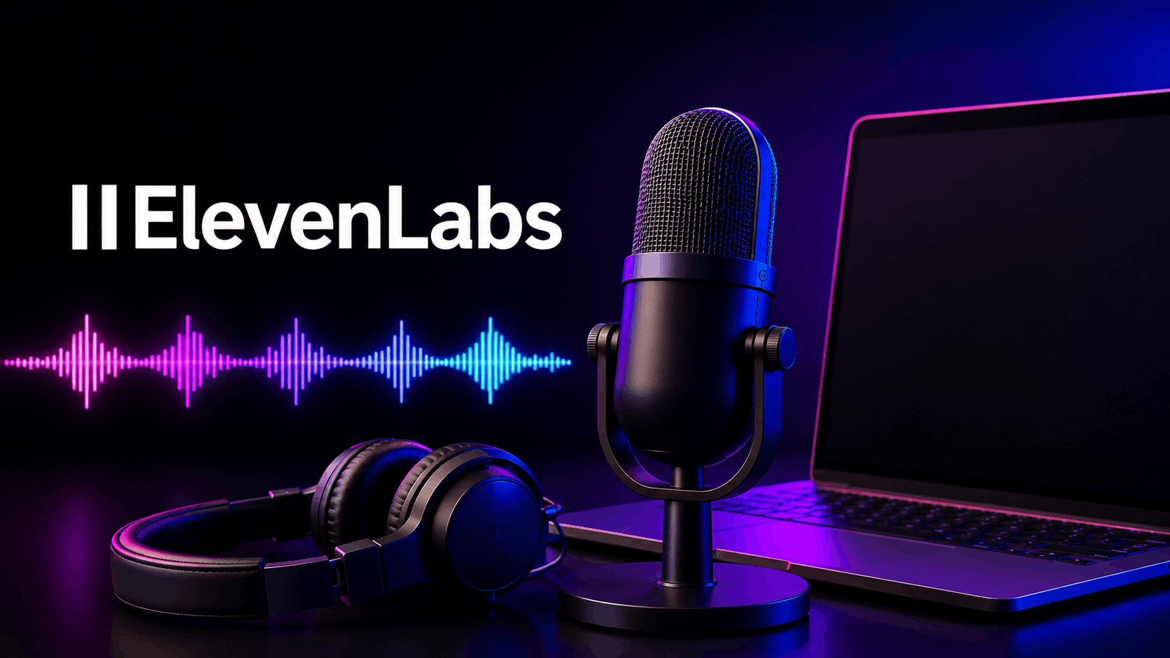 ElevenLabs AI voice generation setup with microphone, headphones, laptop, and audio waveform.