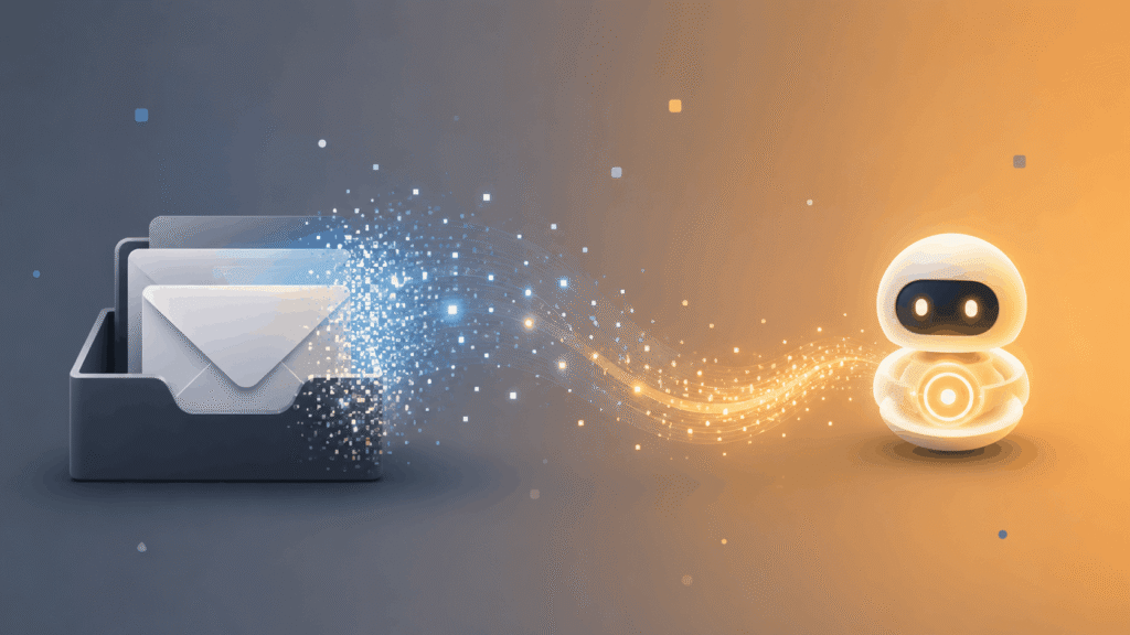 Email inbox dissolving into light particles that reform into a glowing AI robot, representing Notion Mail shutting down in favor of AI agents