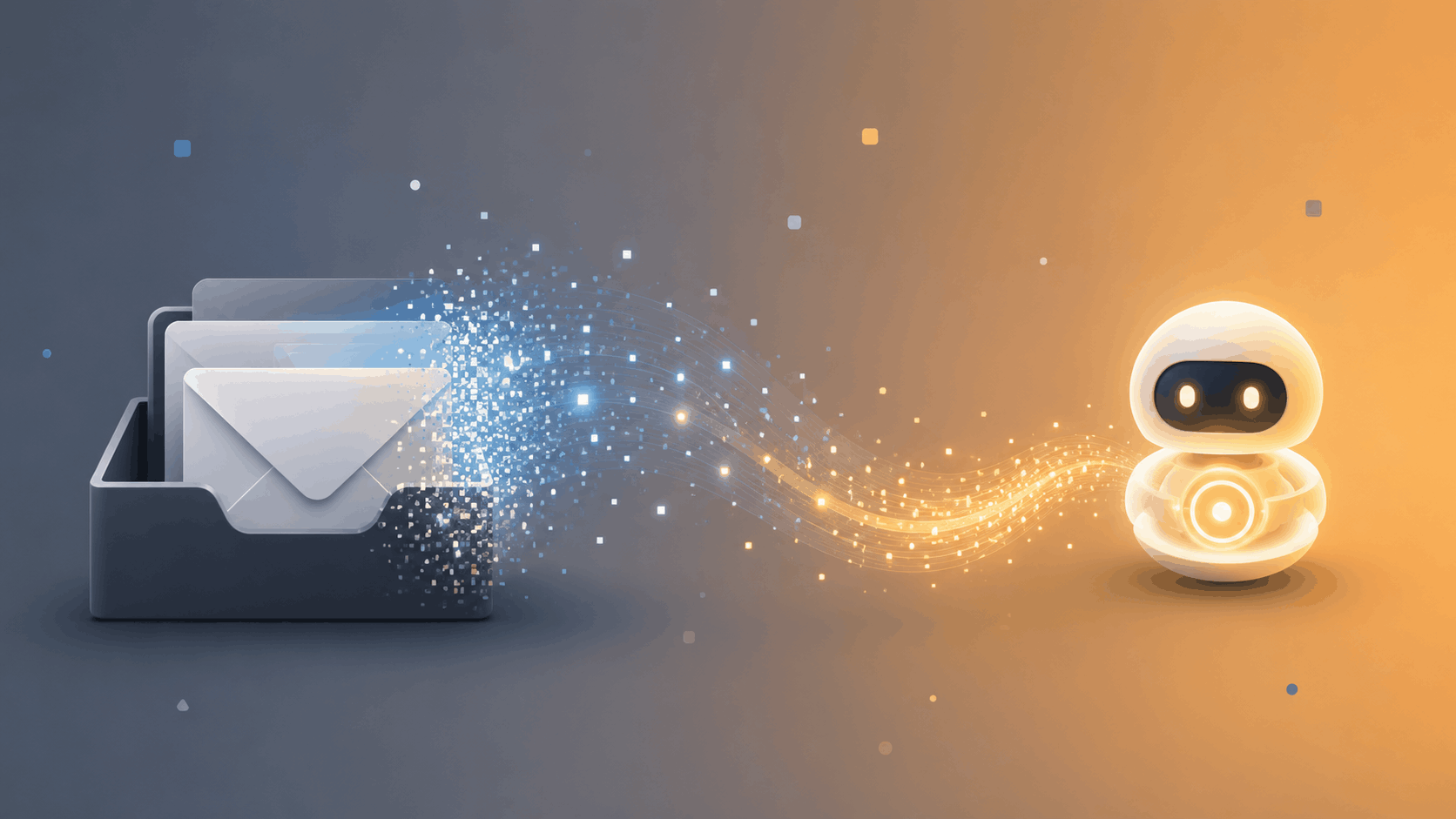 Email inbox dissolving into light particles that reform into a glowing AI robot, representing Notion Mail shutting down in favor of AI agents