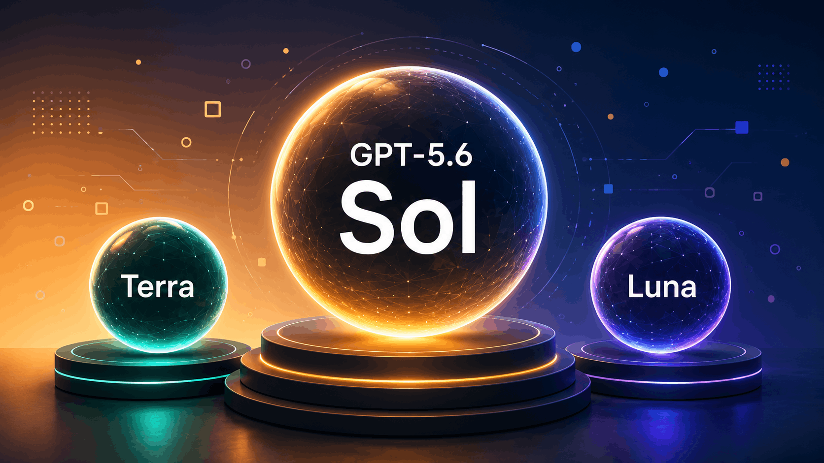 GPT-5.6 Sol preview illustration showing Sol, Terra, and Luna AI models