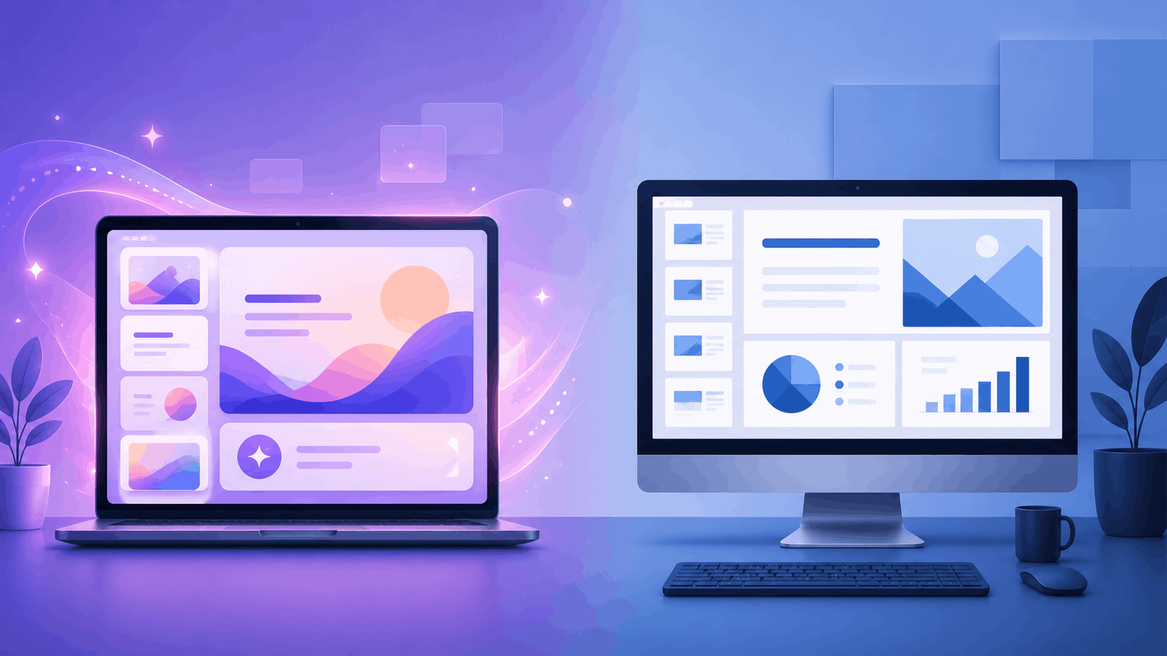 Gamma vs PowerPoint comparison illustration showing AI-generated presentations on one side and traditional slide design on the other.