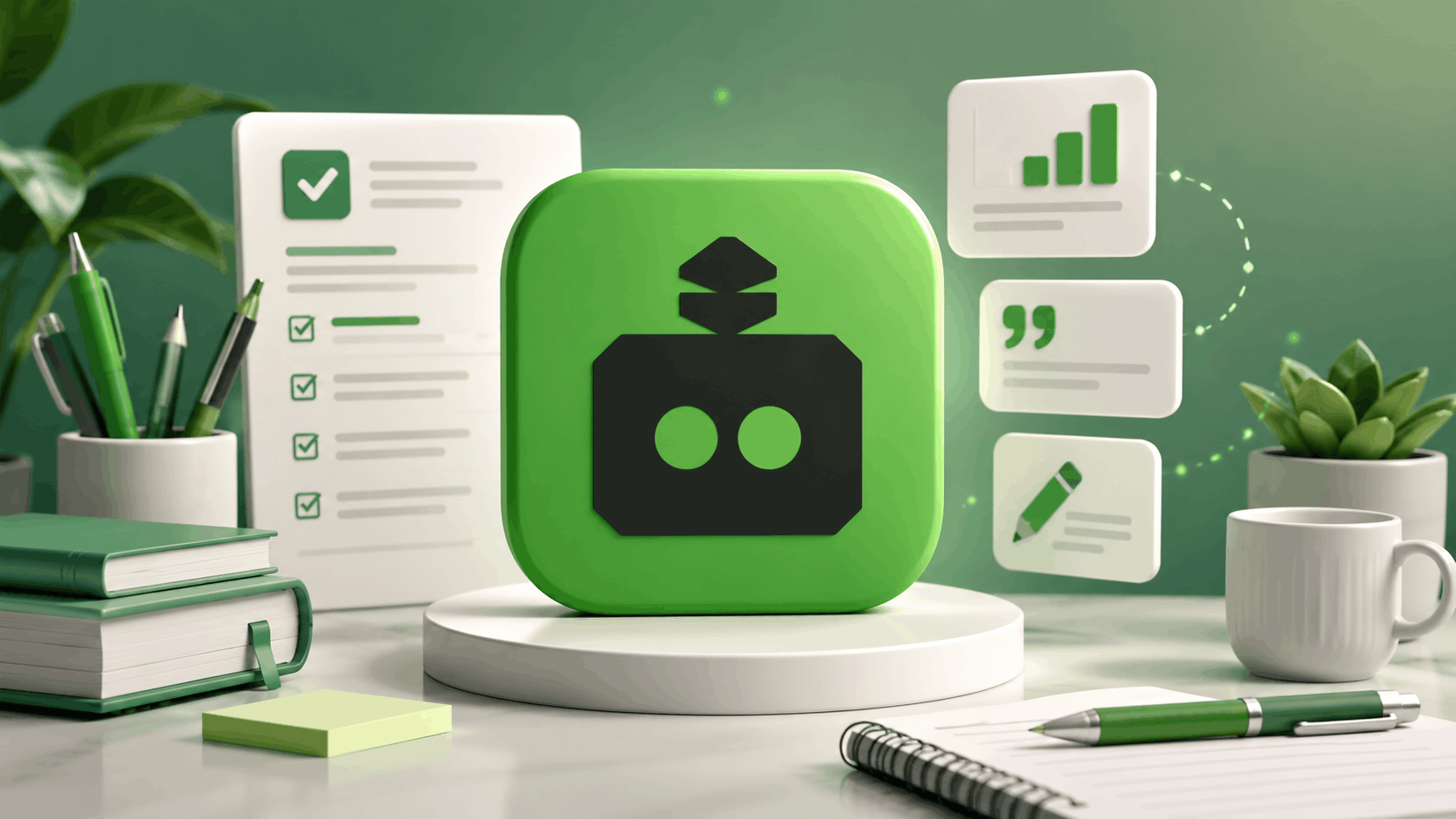 Quillbot AI writing assistant icon surrounded by a checklist, quote card, and edit suggestions, representing grammar and paraphrasing tools
