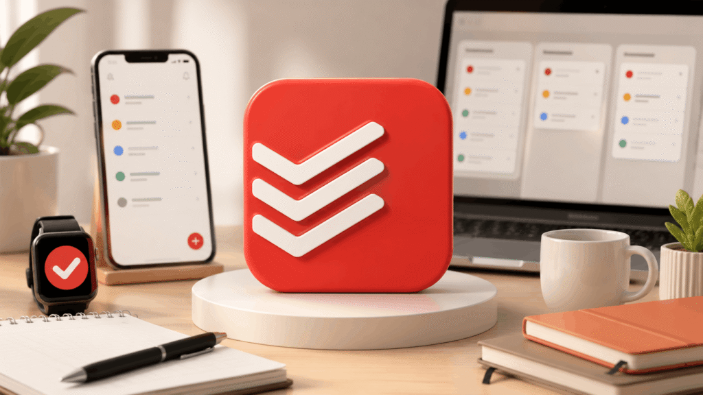 Todoist app icon on a desk with a phone, smartwatch, and laptop showing color-coded task lists across multiple devices