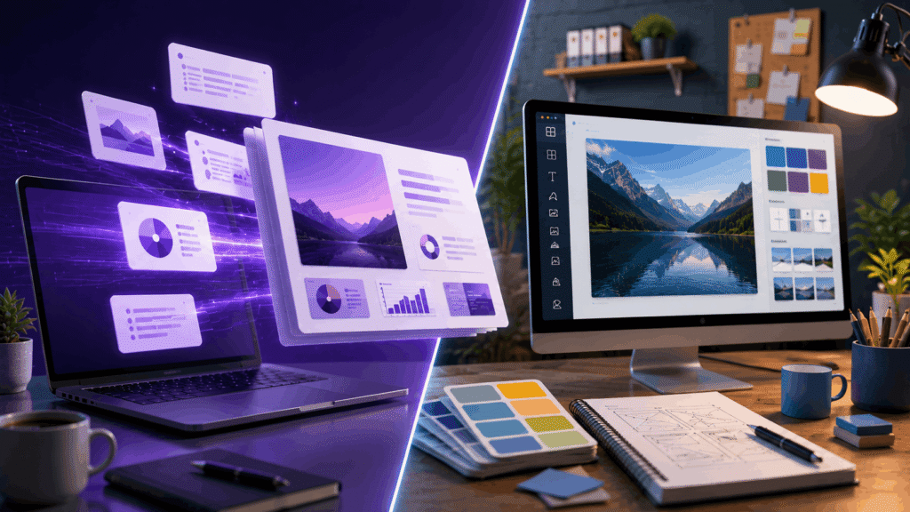 Visual comparison of AI presentation software and presentation design tools, representing Gamma vs Canva workflows.