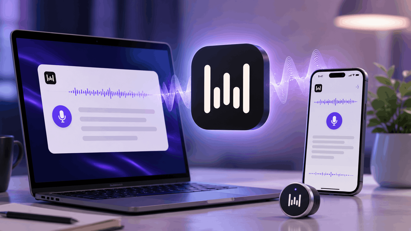 Wispr Flow voice dictation working across MacBook, iPhone, and desktop, with a sound wave turning speech into text