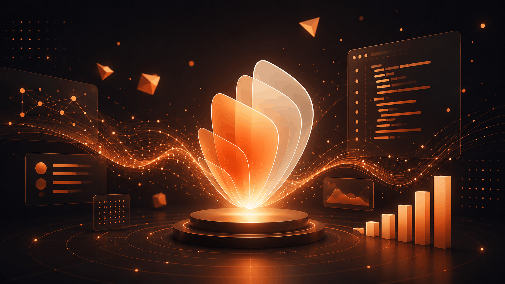 Concept artwork illustrating the Claude Sonnet 5 release with abstract visuals symbolizing improved AI capabilities, coding, reasoning, and performance.