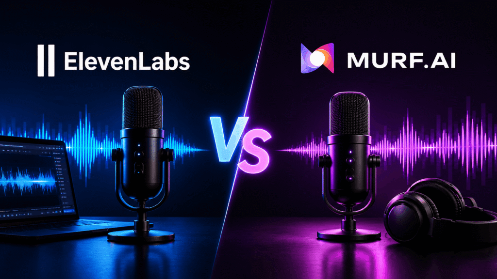 ElevenLabs vs Murf AI comparison showing two studio microphones with sound waves on a split blue and purple background