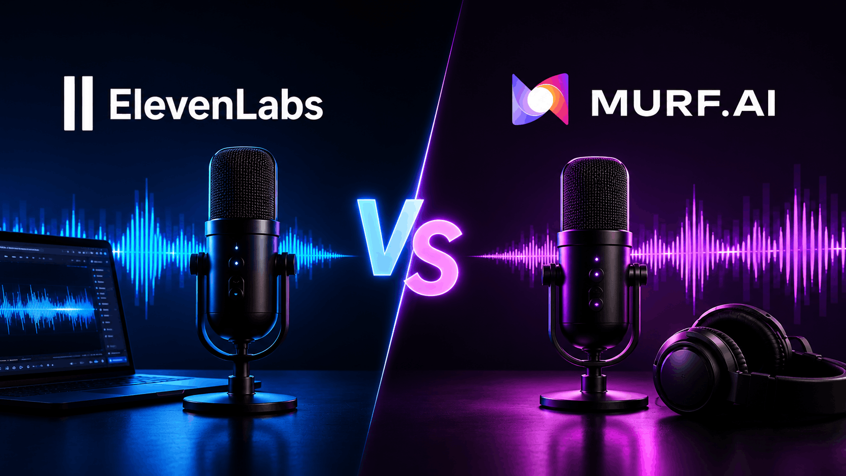 ElevenLabs vs Murf AI comparison showing two studio microphones with sound waves on a split blue and purple background
