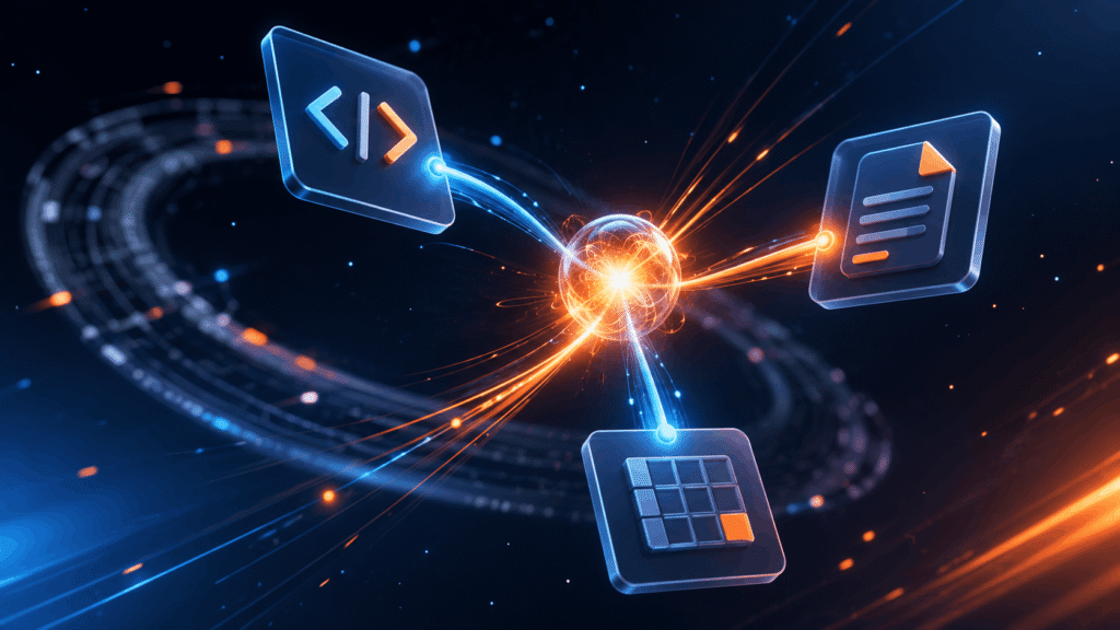 Grok 4.5 connected to coding, documents, and spreadsheets through an efficient AI workflow illustration.