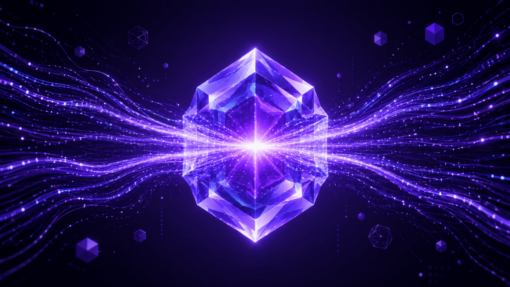 Qwen3.8-Max Is Live Now: glowing faceted crystal absorbing streams of light from all directions, representing the model's massive scale and context capacity